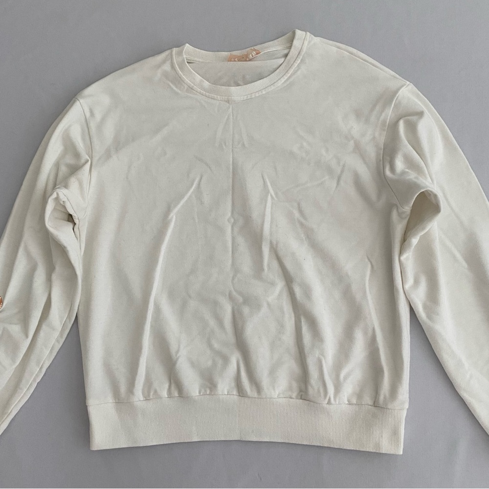 Ecru Lab Sweater Sweatshirt S/M Tie Ribbon Cinched Sleeves Rose Gold Grommets